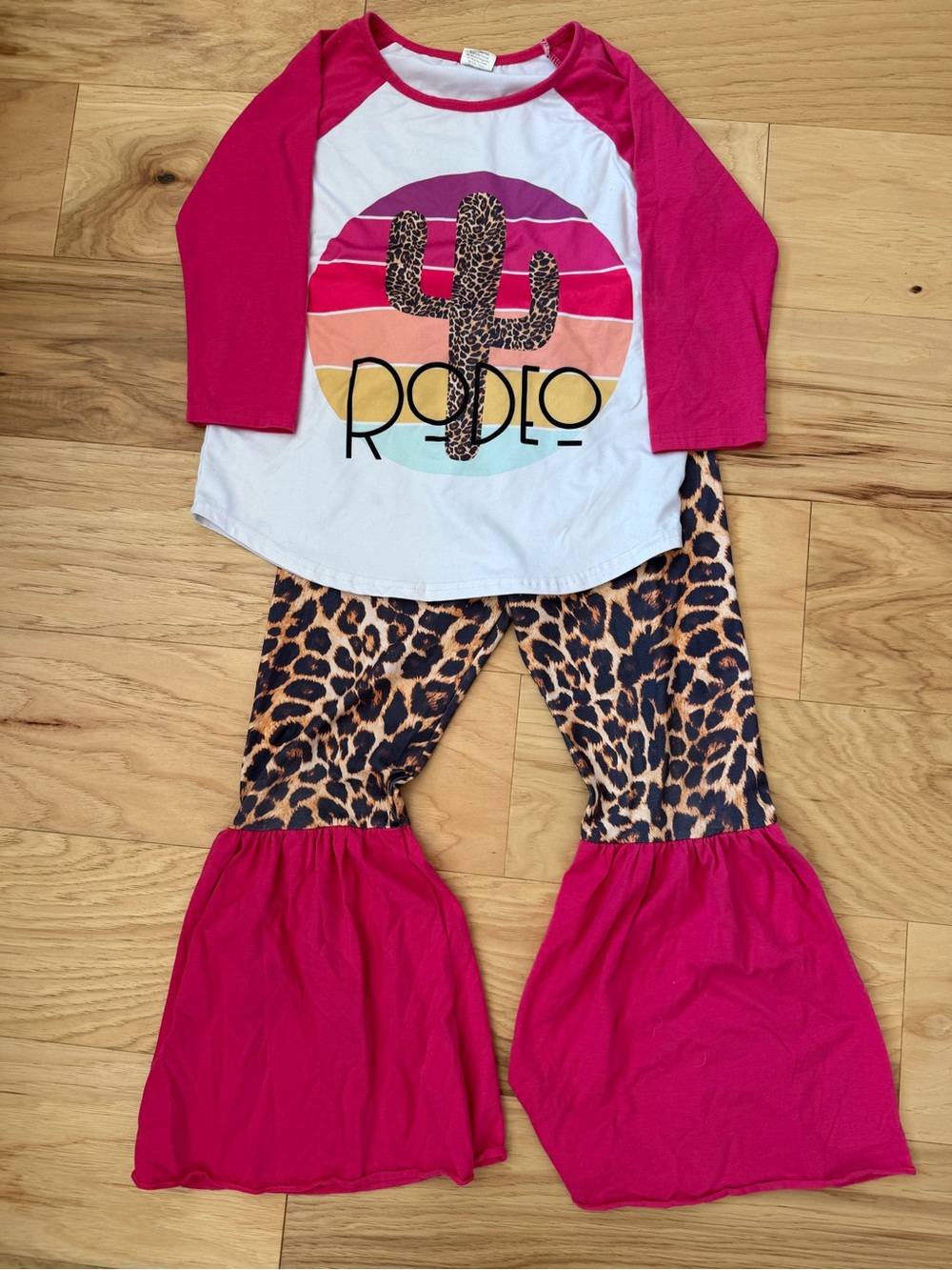 Girls Pink Rodeo Cactus Set with Leopard Bell-Bottoms